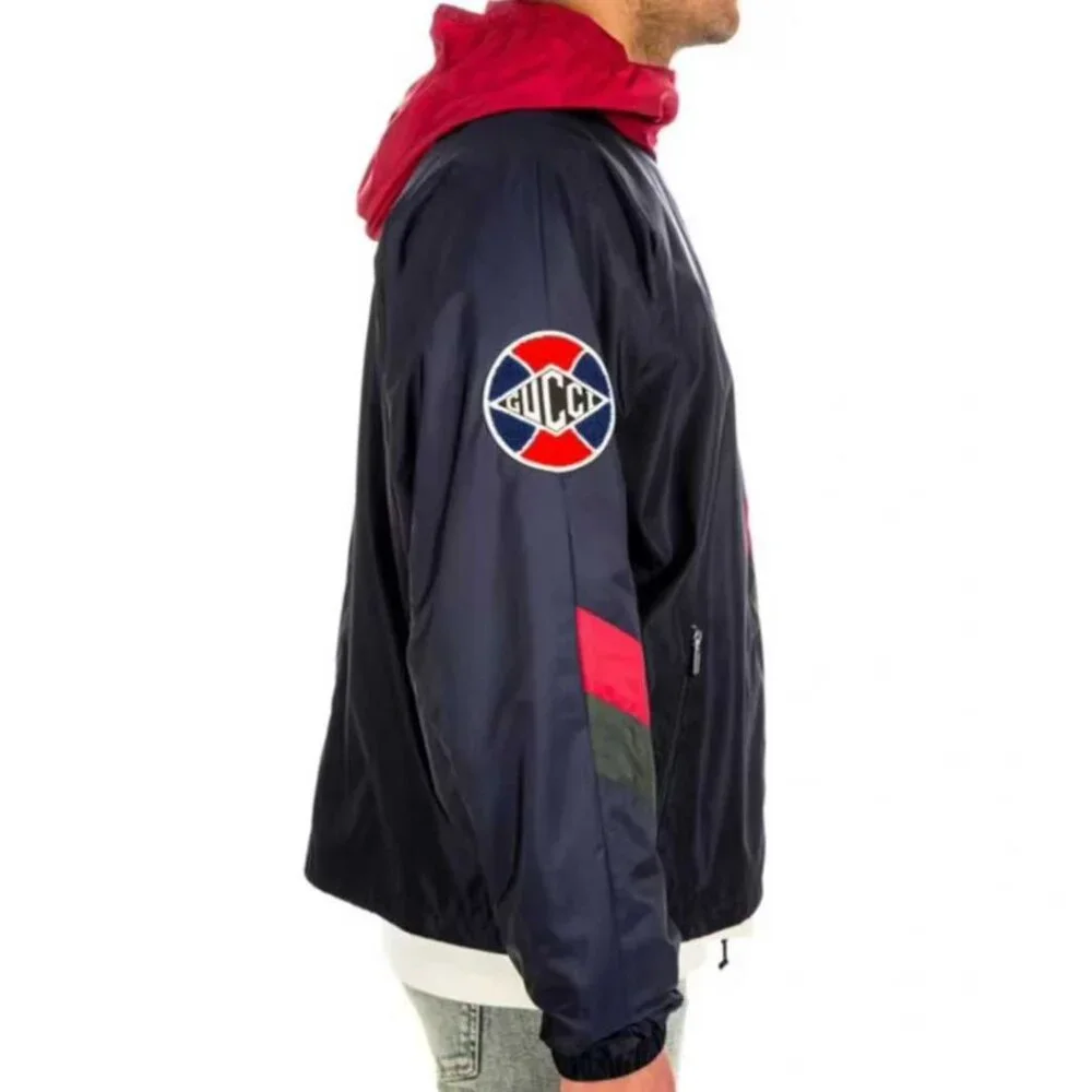 NWT Gucci Navy Nylon Windbreaker Jacket Web Stripe & Sleeve Patch Size 58